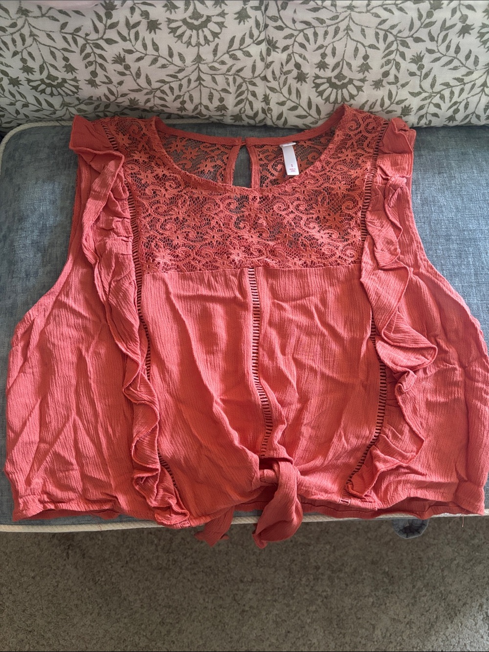 Women's Coral Lace Yoke Ruffle Tie-Front Top